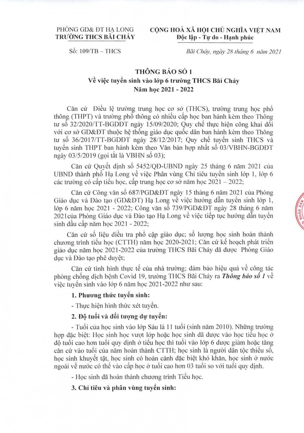 TUYỂN SINH LỚP 6 NĂM HỌC 2021-2022